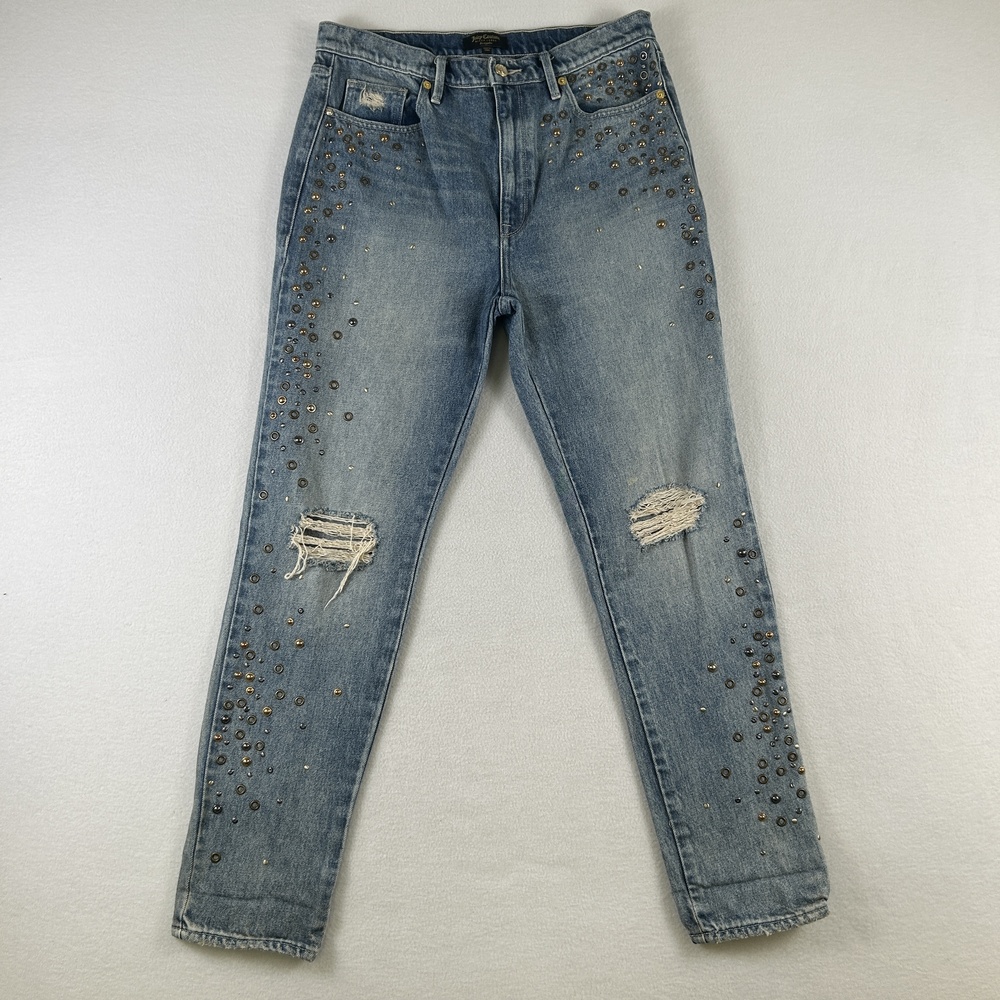 Juicy Couture Jeans Womens 30 Girlfriend High Rise Studded Distressed Rhinestone